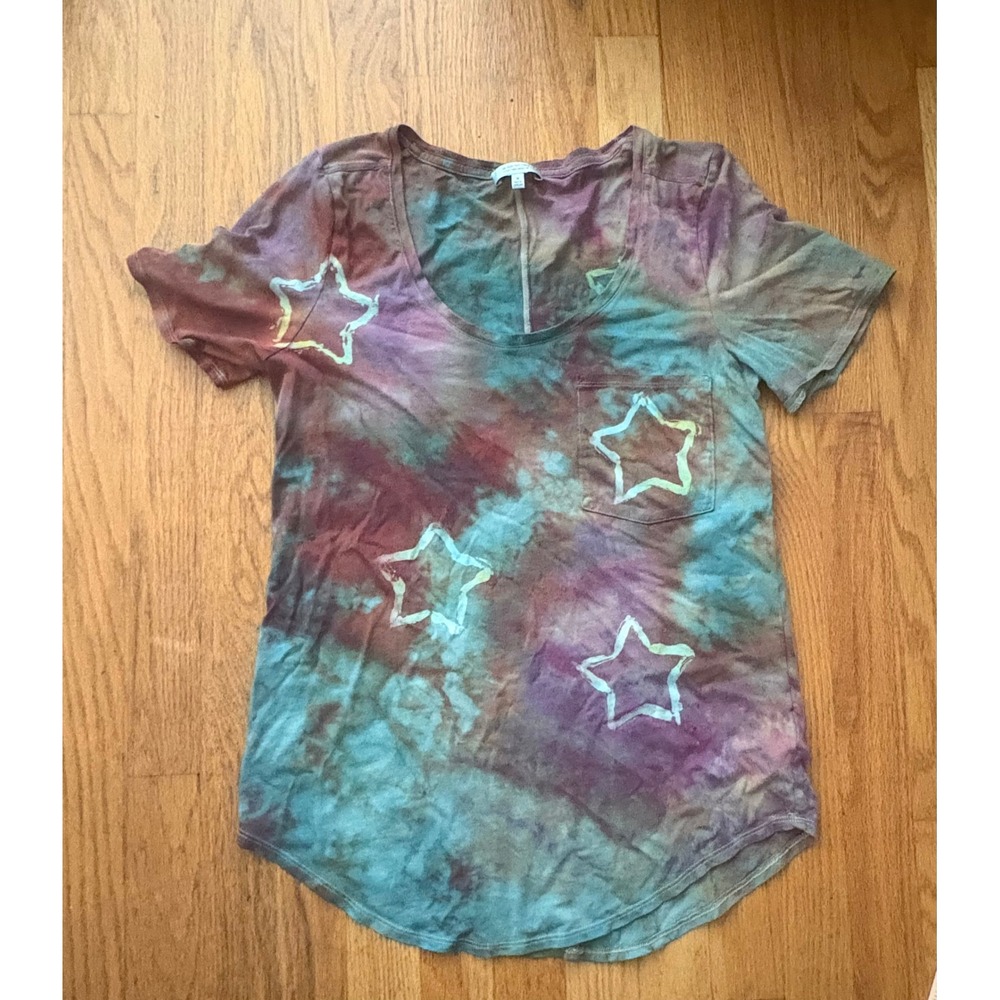 Babaton Tie Dye Star Print Pocket Tee Cotton Modal Scoop Neck Teal Purple Medium